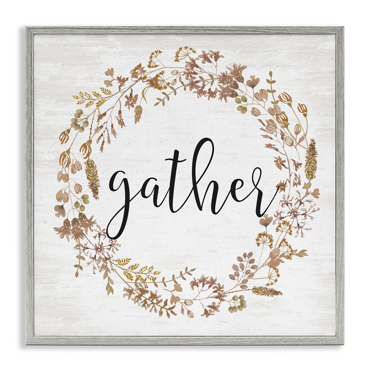 Rustic Gather Script Delicate Floral Botanicals Wreath Framed Giclee Art